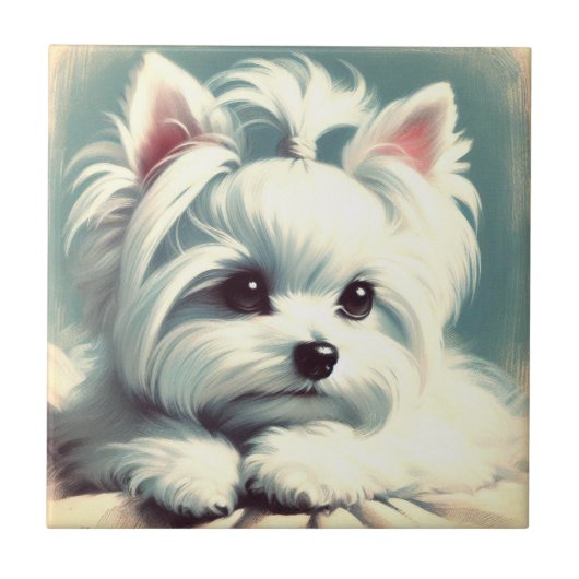ヴィンテージかわいいマルチーズ絵画ズ タイル (正面)