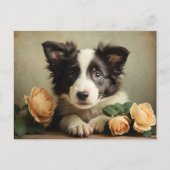 ヴィンテージかわいいワン縁どピーコリーバラポートレート犬 ポストカード (正面)