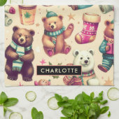 ヴィンテージかわいい冬のテディベア キッチンタオル (折り畳み)