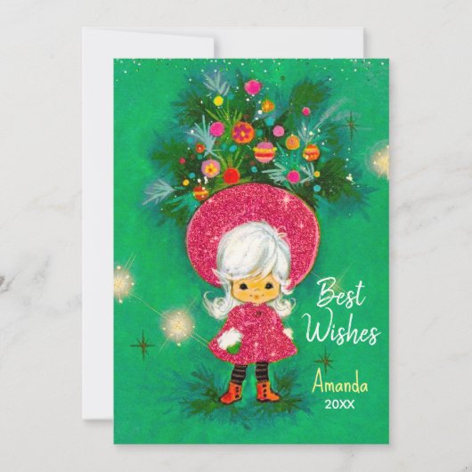 ヴィンテージかわいい女の子ハットのクリスマスの新年の挨拶 シーズンカード (正面)