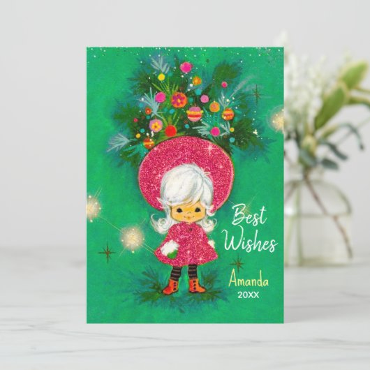 ヴィンテージかわいい女の子ハットのクリスマスの新年の挨拶 シーズンカード (スタンド正面)