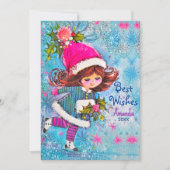 ヴィンテージかわいい女の子ブルーグリッタークリスマスグリーティング シーズンカード (正面)