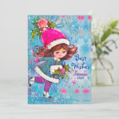 ヴィンテージかわいい女の子ブルーグリッタークリスマスグリーティング シーズンカード (スタンド正面)