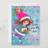 ヴィンテージかわいい女の子ブルーグリッタークリスマスパーティー 招待状 (正面)