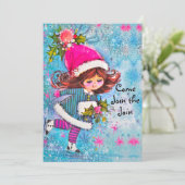 ヴィンテージかわいい女の子ブルーグリッタークリスマスパーティー 招待状 (スタンド正面)