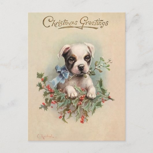 ヴィンテージかわいい子犬のクリスマスの挨拶はがき ポストカード (正面)