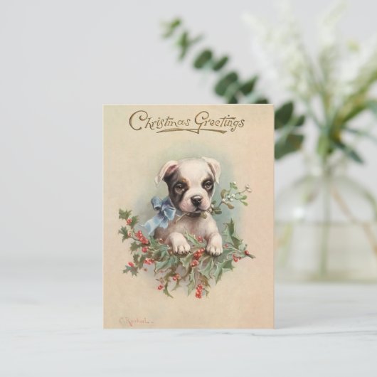 ヴィンテージかわいい子犬のクリスマスの挨拶はがき ポストカード (スタンド正面)