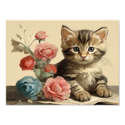 ヴィンテージかわいい子猫ポートレートソフトカラー花 フォトプリント            (正面)