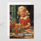 ヴィンテージかわいい小さな女の子とクリスマスプレゼント シーズンカード (正面/裏面)