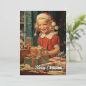 ヴィンテージかわいい小さな女の子とクリスマスプレゼント シーズンカード (スタンド正面)