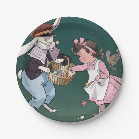 ヴィンテージかわいい小さな女の子バニーラビットイースターエッグ ペーパープレート (正面)