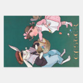 ヴィンテージかわいい小さな女の子バニーラビットイースターエッグ ラッピングペーパーシート (正面3)