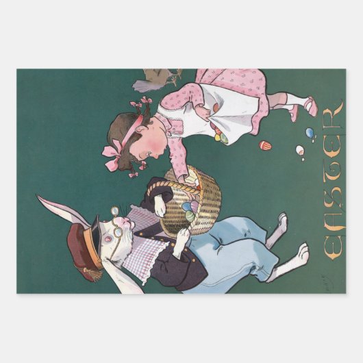 ヴィンテージかわいい小さな女の子バニーラビットイースターエッグ ラッピングペーパーシート (正面)