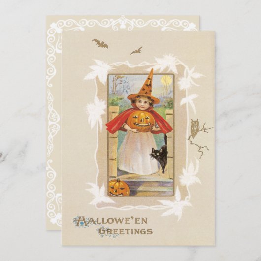 ヴィンテージかわいい小さな魔女ハロウィーン 招待状 (正面/裏面)