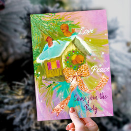 ヴィンテージかわいい愛の鳥クリスマス新年のパーティー 招待状