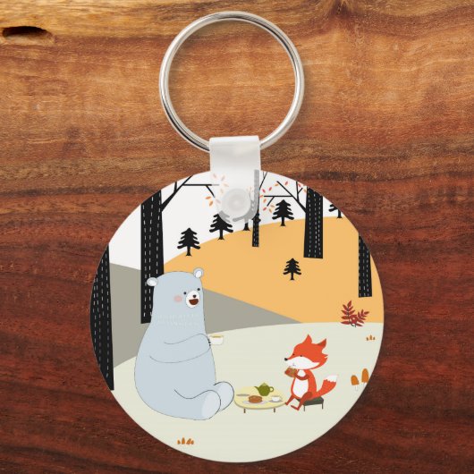 ヴィンテージかわいい春サマーフォックスウルフとテディベア キーホルダー (正面)