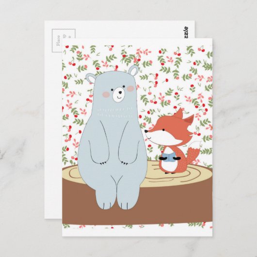 ヴィンテージかわいい春サマーフォックスウルフとテディベア ポストカード (正面/裏面)
