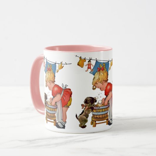 ヴィンテージかわいい犬との少女：懐かしい マグカップ (正面左)