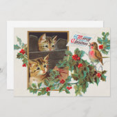 ヴィンテージかわいい猫と鳥、クリスマスめでたい シーズンカード (正面/裏面)