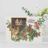 ヴィンテージかわいい猫と鳥、クリスマスめでたい シーズンカード (スタンド正面)