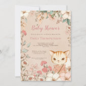 ヴィンテージかわいい猫の花葉女の子赤ちゃんシャワー 招待状 (正面)