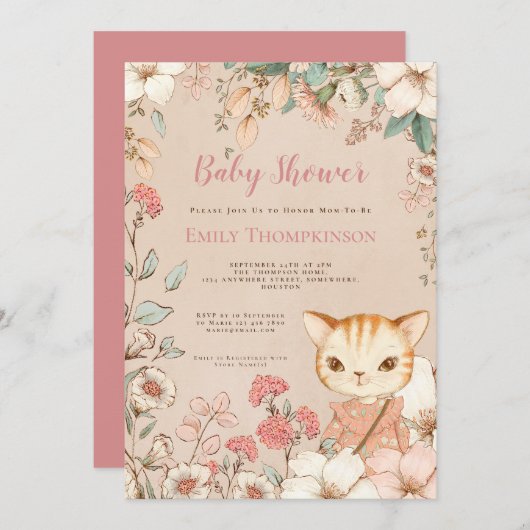 ヴィンテージかわいい猫の花葉女の子赤ちゃんシャワー 招待状 (正面/裏面)