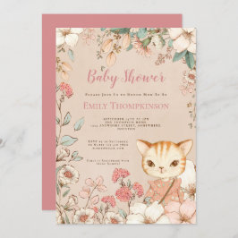 ヴィンテージかわいい猫の花葉女の子赤ちゃんシャワー 招待状