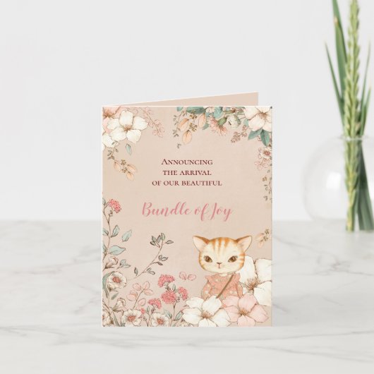 ヴィンテージかわいい猫フォト花模様ガール誕生 案内状 (正面)