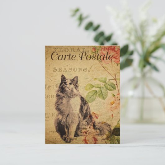 ヴィンテージかわいい猫フローラの花フランスの ポストカード (スタンド正面)