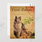 ヴィンテージかわいい猫フローラの花フランスの ポストカード (正面/裏面)