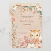 ヴィンテージかわいい猫写真フラワーベビーガール誕生 案内状 (正面/裏面)