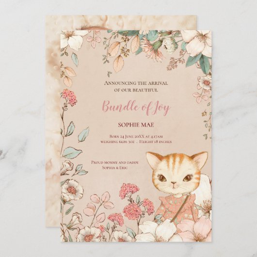 ヴィンテージかわいい猫写真フラワーベビーガール誕生 案内状 (正面/裏面)