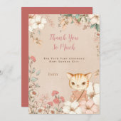 ヴィンテージかわいい猫植物性ピンクの女の子ベビーシャワー サンキューカード (正面/裏面)