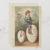ヴィンテージかわいい男の子の卵自転車イースター賛美。 シーズンカード (正面/裏面)