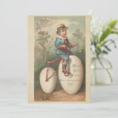 ヴィンテージかわいい男の子の卵自転車イースター賛美。 シーズンカード (スタンド正面)