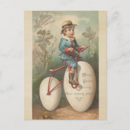 ヴィンテージかわいい男の子の卵自転車イースター賛美。 シーズンポストカード