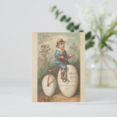 ヴィンテージかわいい男の子の卵自転車イースター賛美。 シーズンポストカード (スタンド正面)
