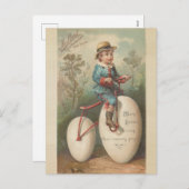 ヴィンテージかわいい男の子の卵自転車イースター賛美。 シーズンポストカード (正面/裏面)