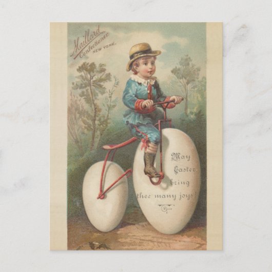 ヴィンテージかわいい男の子の卵自転車イースター賛美。 シーズンポストカード (正面)