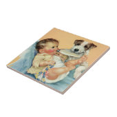 ヴィンテージかわいい男の赤ちゃんとボトルと子犬 タイル (側面)