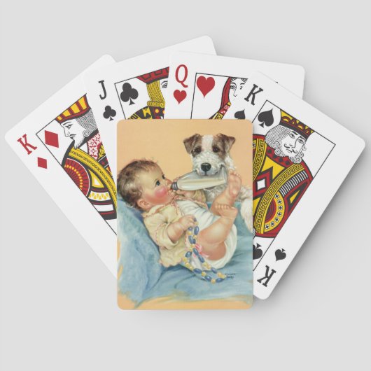 ヴィンテージかわいい男の赤ちゃんとボトルと子犬 トランプ (裏面)