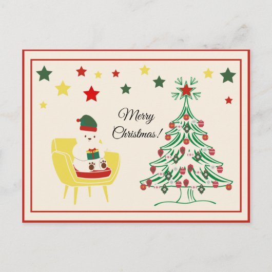 ヴィンテージかわいい白テディベアーメリークリスマス シーズンポストカード (正面)