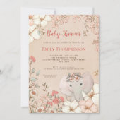 ヴィンテージかわいい象の植物桃の赤ちゃんシャワー 招待状 (正面)