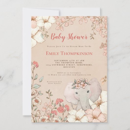 ヴィンテージかわいい象の植物桃の赤ちゃんシャワー 招待状 (正面)
