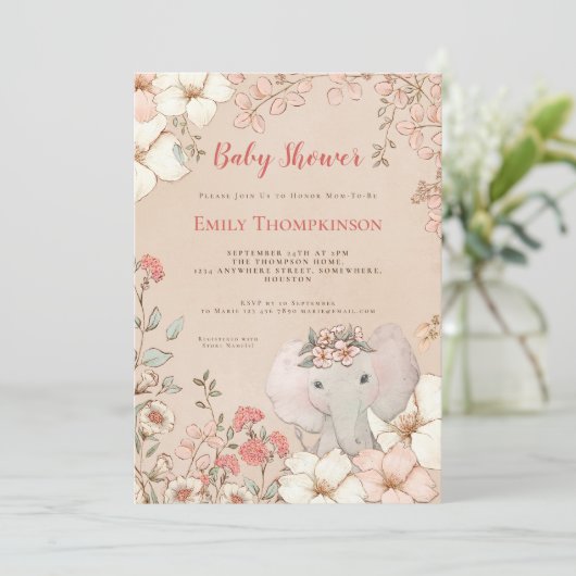 ヴィンテージかわいい象の植物桃の赤ちゃんシャワー 招待状 (スタンド正面)