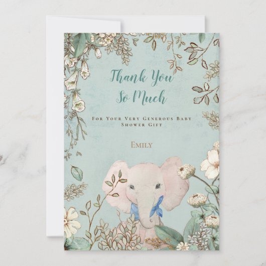 ヴィンテージかわいい象の植物緑の赤ちゃんシャワー サンキューカード (正面)