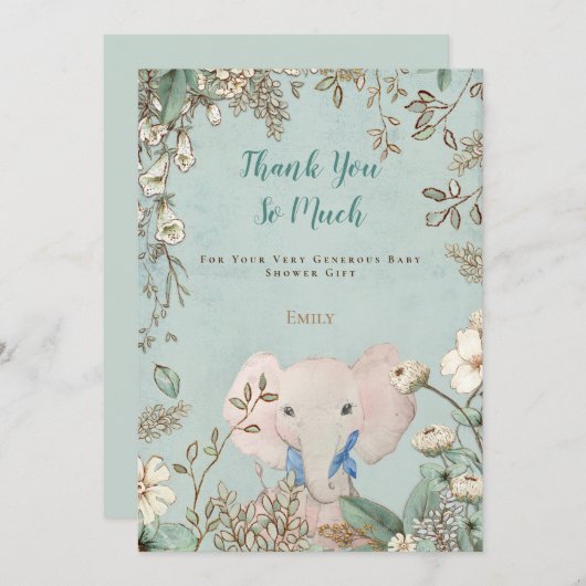 ヴィンテージかわいい象の植物緑の赤ちゃんシャワー サンキューカード (正面/裏面)