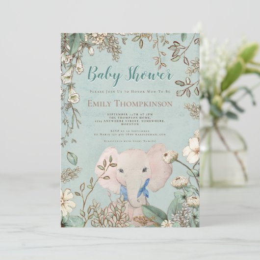 ヴィンテージかわいい象の植物緑の赤ちゃんシャワー 招待状 (スタンド正面)