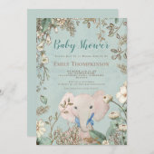 ヴィンテージかわいい象の植物緑の赤ちゃんシャワー 招待状 (正面/裏面)