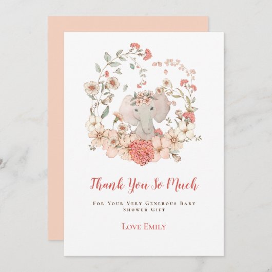 ヴィンテージかわいい象の花模様ピーチベビーシャワー サンキューカード (正面/裏面)